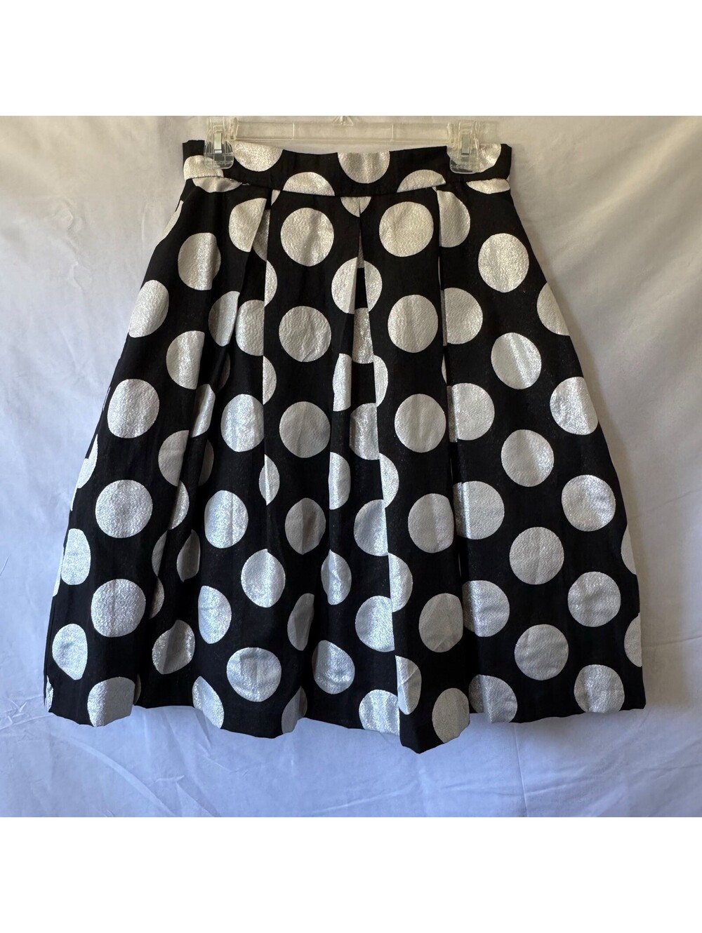 Ronni Nicole Skirt 8 Black Silver Polka Dot Metallic Pleated A-Line NWT